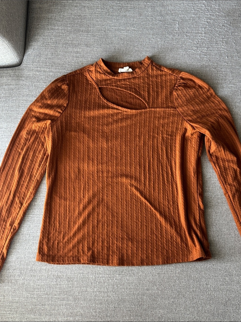 Como Blu Ribbed Long Sleeve Cutout Top in Rust Size Medium